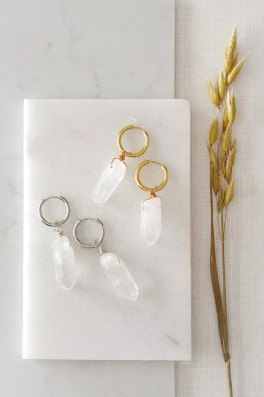 Xander Kostroma Quartz Crystal Hoop Earrings in Gold - 4.5 to 6.5 cm Gold-Plated Hoop Earrings for Women - Handcrafted Jewelry, Healing Energy, and Elegant Accessory